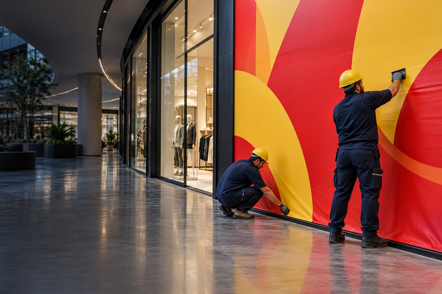 Escena ilustrativa de montaje de gráfica de gran formato en un espacio comercial